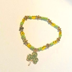 Green & Yellow Beaded Gold Plated Pale Green Rhinestone Clover Charm Bracelet